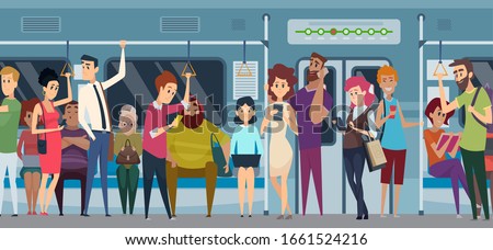 Subway rush hour. Crowd in urban metro daily rushing people going to the work travellers in train with phone and books vector cartoon characters