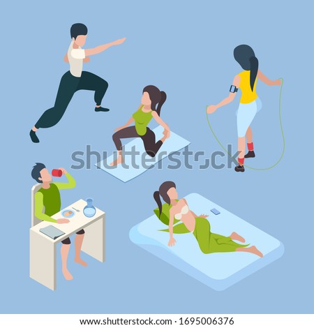 Healthy activities. Daily lifestyle successful peoples relaxing yoga healthy nutrition life habits vector isometric