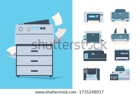 Copy machines. Different printers pc terminal of copying technics components fax printing house gadgets vector flat pictures