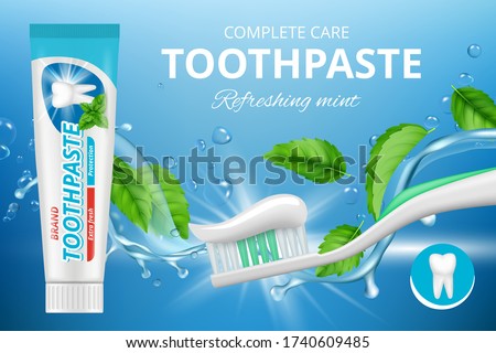 Toothpaste ads. Promotional advertizing poster of fresh healthy dental protection mint toothpaste vector illustration realistic