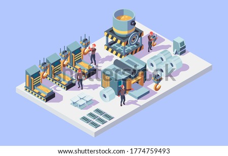 Steel factory. Foundry metallurgy processes in factory interior isometric workers vector