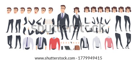 Cartoon businessman creation kit. Business woman and man or managers constructor, body gesture and hairstyle and emotions vector set