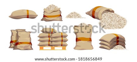 Rice bags. Pile with sackful textile objects grain agricultural collection vector sacks in cartoon style