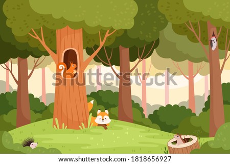 Forest landscape. Trees with holes for wild animals house in wooden trunk for birds squirrels fox vector cartoon background