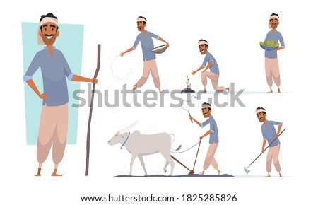 Indian farmer. India village cheering characters working with cow harvesting bangladesh people vector