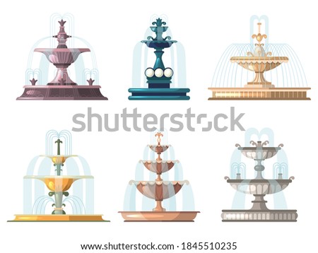 Cartoon fountains. Outdoor gardening decorative symbols nature water fountains vector collections