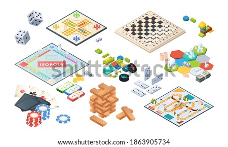 Board games. Adults funny games isometric cards backgammon chess mahjong vector