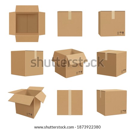 Cardboard boxes. Deliver craft packages front and side view decent vector realistic illustrations