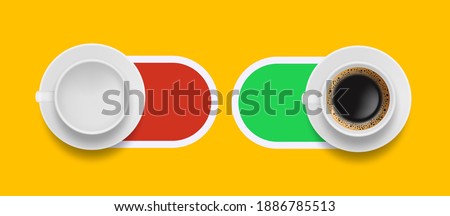 Coffee morning sliders. On off buttons with realistic empty white mug and americano or espresso drink vector illustration