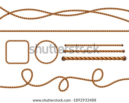 Realistic ropes. Yellow or brown curved nautical ropes with knots template