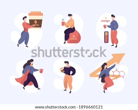 Caffeine stimulation. Energizer people drinking hot drink from cup concept of energy persons stressed good feelings office tea rest time garish vector stylized character