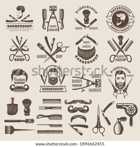 Barber shop badges. Scissors combs brush blade hair dryer recent vector logos for barber shops