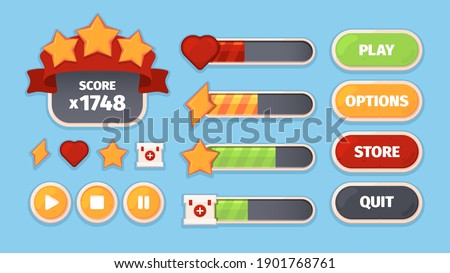 Game ui. Menu buttons for smartphone mobile games frames borders dividers stars launcher satellite garish vector templates