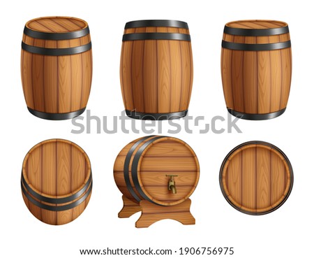 Barrels alcohol. Front and top view of wooden barrels with rum bar containers faucet hoop decent vector realistic illustration set