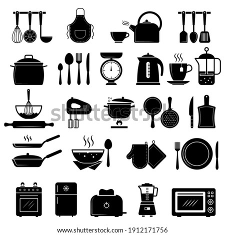 Kitchen icon. Food cooking utensils whisk stove knife silhouettes recent vector symbols