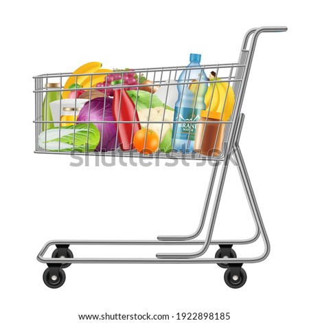 Shopping cart with products. Supermarkets grocery full bags with fresh products decent vector illustrations