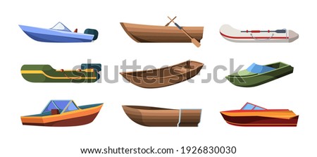 Boats types. Wooden ships for ocean or marine sail garish vector transport for river flat illustrations set isolated