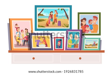 Family photos. Memories photo with smiling people father mother kids grandparents on photo with frame standing on table in room exact vector illustrations