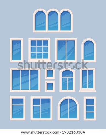 Window design. Glass various types architectural outdoor object garish vector collection