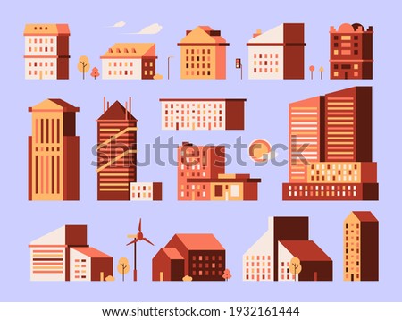 Minimal houses. Urban environment construction modern buildings simple geometrical shapes garish vector flat illustrations