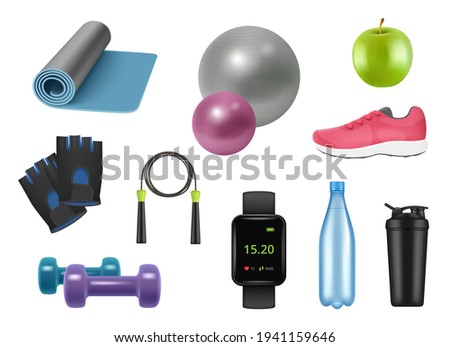 Realistic fitness equipment. Sport symbols for healthy lifestyle 3d items for gym dumbbells skipping rope apple water bottles sneakers decent vector