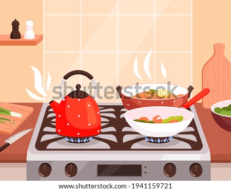Kitchen cooking. Boiling in pans on gas stove burning and steam from preparing food delicious cuisine nowaday vector cartoon background illustration