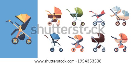 Carriage for baby. Transport for kids mother walking trolley waggon wheels maternity symbols garish vector children carriage set