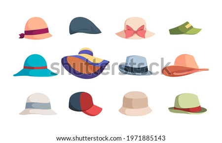 Hats. Fashioned head clothes summer caps and hats for woman garish vector illustrations collection isolated