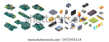 Microchip hardware. Manufacturing computer power green motherboards with small chip for electronic devices garish vector isometric illustrations