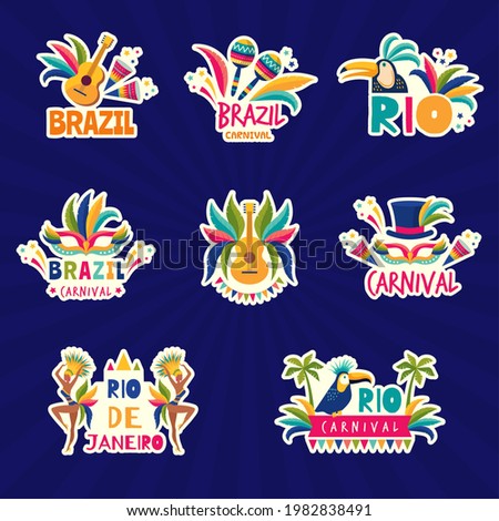 Rio logo. Brazil festival colored badges muzical fiesta samba parade music instrument recent vector illustrations set collection Imagine de stoc © 