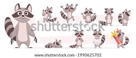 Raccoon animal. Wild mammal cute smile playing and jumping in various action poses forest dweller exact vector cartoon funny mascot
