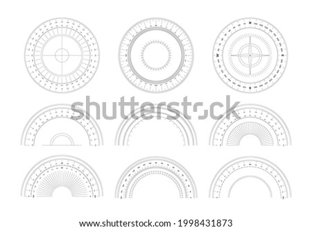 Protractor. 360 degree measurement shapes with numbers and symbols circular shapes of scale goniometer garish vector templates set