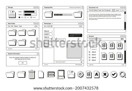 Web pages layout templates in retro style digital screen symbols icons dividers frames banners buttons garish vector flat illustration