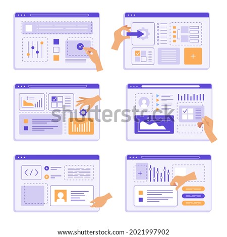 Hands programming. People team design studio creation app agency engineering device recent vector creative marketing templates collection