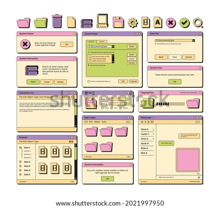 Web ui. 90s layout screen elements frame pages banners icons dividers and buttons garish vector ui templates