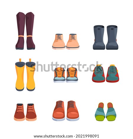 Shoe front view. Fashioned elegant trendy boots and sneakers for men and women garish vector flat pictures of shoes Foto d'archivio © 