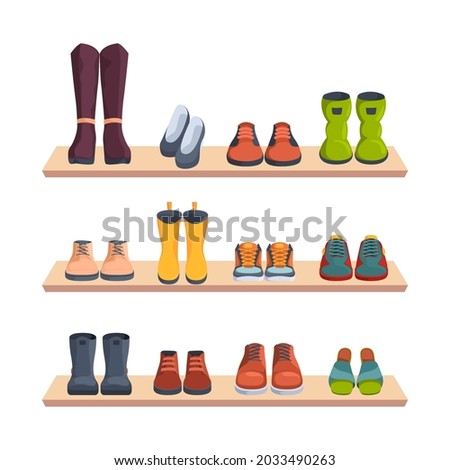 Shoes on shelves. Merchandizing shop window trendy fashioned shoes front view sport sneakers and boots for women and men garish vector illustrations set ストックフォト © 