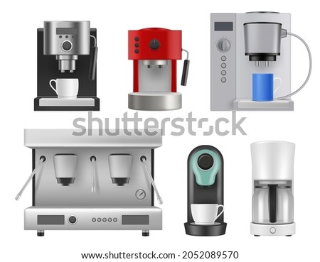 Coffee machines. Kitchen items for preparing hot beverage drinks cappuchino and espresso liquid products decent vector realistic set isolated