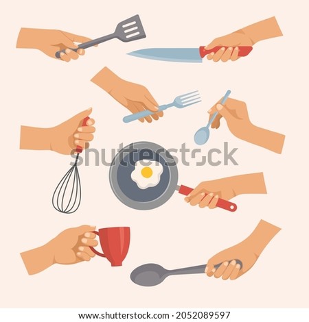 Kitchen tools in hands. Objects for preparing food in kitchen forks spoons plates pots recent vector flat items