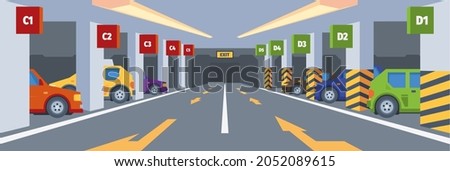 Underground parking. Urban car station modern panoramic parking on building floors garish vector flat background