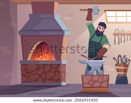 Foundry workshop background. Blacksmith worker making steel sword medieval fantasy character with hammer and traditional instruments exact vector