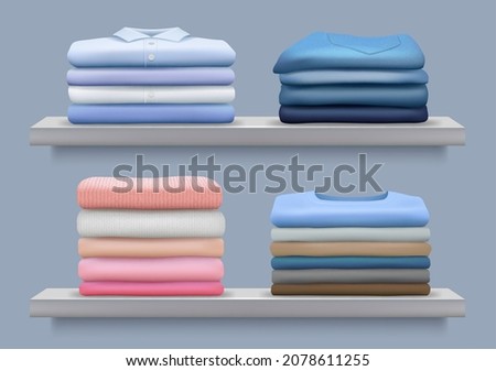 Stacked clothes. Folding clean after laundry cotton pile of fashioned clothes shirts jackets pants decent vector realistic collection