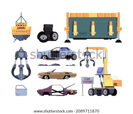 Dump yard. Urban steel garbage recycling places outdoor damaged transport automobiles busses trash vehicles garish vector set ストックフォト © 