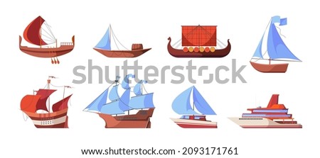 Water vessel evolution. Sea yacht naval ship cruise vessel history marine boats and warships garish vector flat colored illustrations