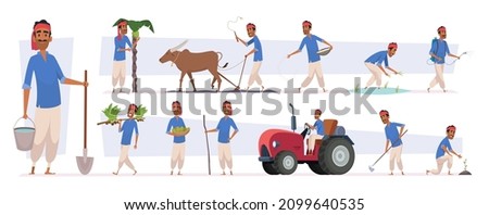 Indian farmer. Village rural character worker in nature exact vector indian people harvesting in cartoon style