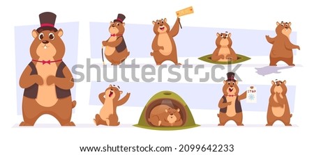 Groundhogs. Cute wild animals day of time loop groundhogs illustrations in cartoon style exact vector pictures set