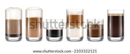 Coffee cups. Hot delicious drinks in transparent glasses beverage foam in mug espresso mocha americano coffee decent vector realistic template