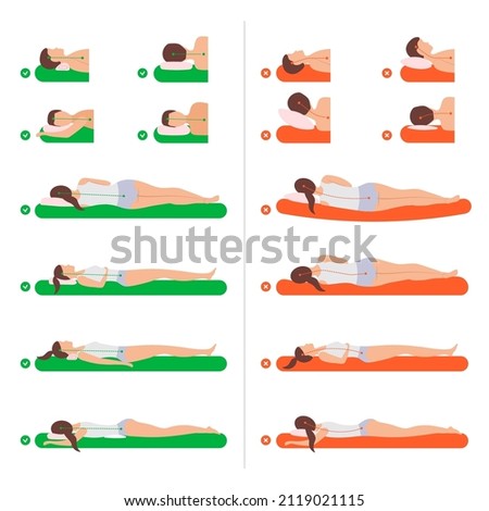 Body lying poses. Girl sleeping on sofa medical anatomical mattress for correct body position recent vector infographic pictures set