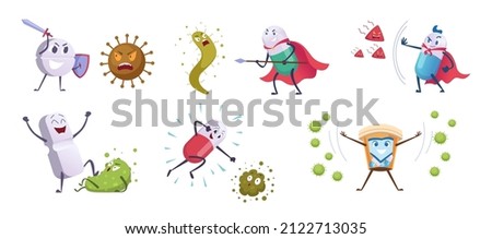 Antibiotic fight characters. Virus funny symbols healthy protection concept illustration of antibiotic damaged bacterias care pills exact vector cartoon illustration set