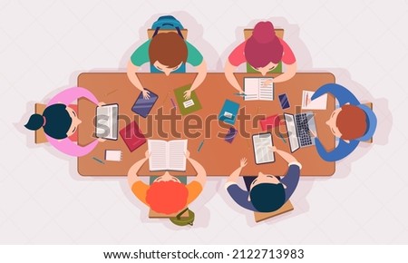 Group education. Handcraft works of students top view pictures set lessons team working together exact vector flat background